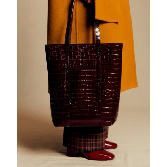 NWT Sezane The Tote Chocolate Crocodile Embossed Leather Large Tote Purse - Picture 7 of 10